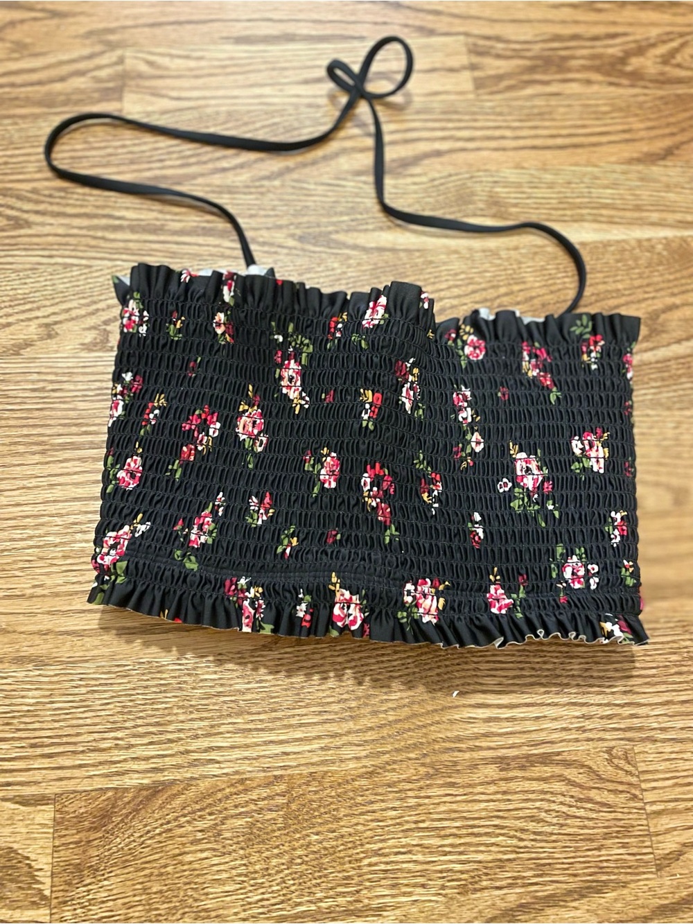 Xhilaration Black Smocked Floral Crop Top
